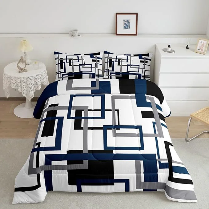 Flexible Erosebridal Square Comforter for Kids Boys Girls Black and Grey White Navy Blue Bedding Set Geometric Quilt Set Queen Fashion 3D Grid Striped Duvet Insert with 2 Pillowcases Lightweight Selected