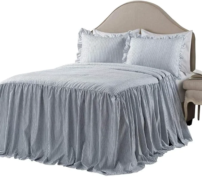 Exclusive Lush Decor Ticking Stripe Bedspread Full Size 3 Piece Set Navy - Ruffle Bedding Set Full Bedspreads - Kids Bedding - Farmhouse amp Coquette Decor Secure