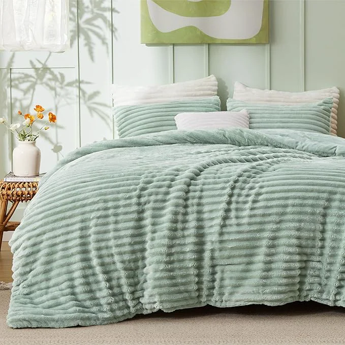 Solid Bedsure Cal King Comforter Set - GentleSoft™ 3 Pieces Double-Side Fleece Fluffy Sage Green Comforter Set Cozy Striped Room Decor Aesthetic Luxury Cal King Bedding 2 Pillowcases 104x96 Inches Certified