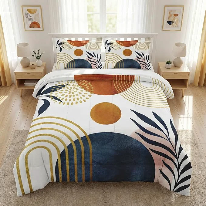 High-Performance King Size Comforter Set with 2 Pillowcases Retro Sun Boho Geometric Leaf 3 Pcs Bedding for Adults Mid Century Soft Comforter Set for Bedroom Bed Decor High-Quality