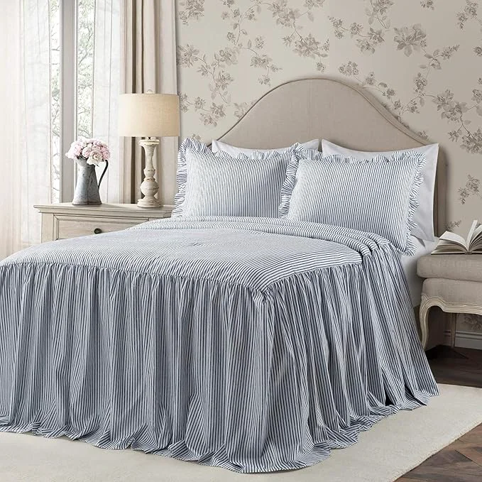 World-Class Lush Decor Ticking Stripe Bedspread Queen Size 3 Piece Set Navy - Ruffle Bedding Set Queen Bedspreads - Striped Bedding - Farmhouse amp Coquette Decor Flexible