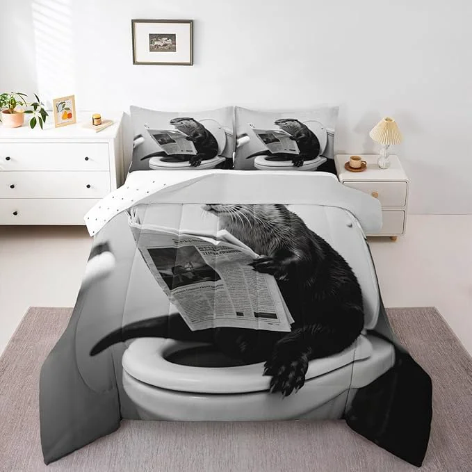 Convenient Erosebridal Sea Otter Quilt Insert Queen Size Marine Animal Bedding Set for Kids Men Women Reading Newspaper Cute Kawaii White Beige Comforter Warm Soft Comforter Set Natural