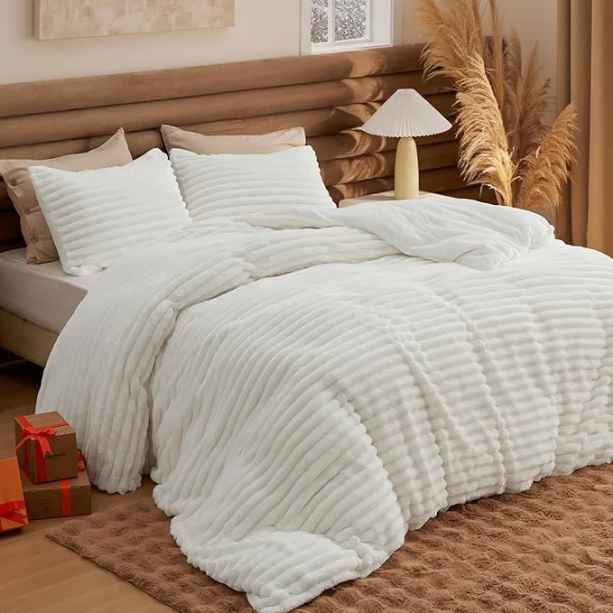 Contemporary Bedsure Comforter Set Queen Size - GentleSoft™ 3 Pieces Double-Side Fleece Fluffy White Comforter Set Cozy Striped Room Decor Aesthetic Luxury Bedding Queen Size 2 Pillowcases 90x90 Inches High-Quality