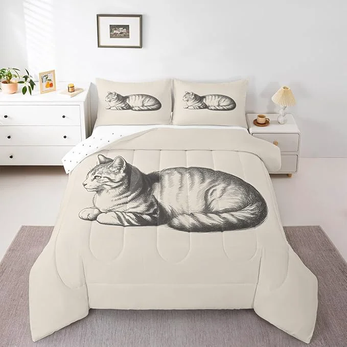 High-End Erosebridal Cat Comforter Set Twin Size Kitten 3D Quilt Insert for Kids Boys Girls Kawaii Sketch Animal Cute Beige White Comforter Warm Soft Bedding Set Professional