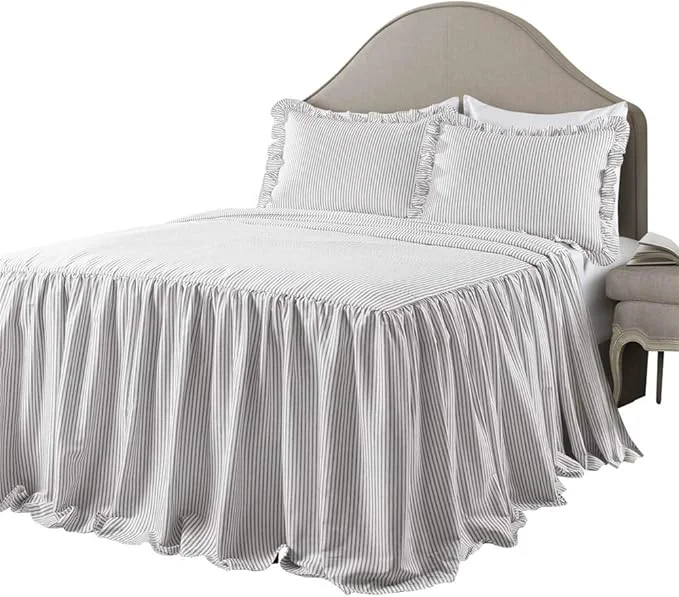 Healthy Lush Decor Ticking Stripe Bedspread King Size 3 Piece Set Gray - Ruffle Bedding Set King Bedspreads - Striped Bedding - Farmhouse amp Coquette Decor Breathable
