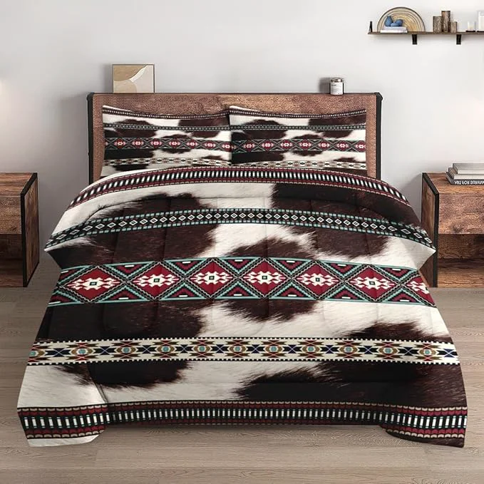 Trendy Queen Size Comforter Set with 2 Pillowcases Cowhide Cow Print 3 Pcs Bedding for Kids and Adults Vintage Animal Fur Soft Comforter Set for Bedroom Bed Decor Professional