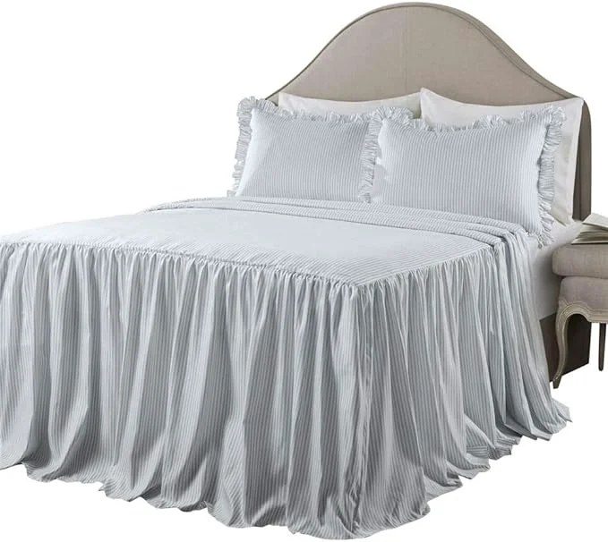 Eco-Friendly Lush Decor Ticking Stripe Bedspread King Size 3 Piece Set Lake Blue - Ruffle Bedding Set King Bedspreads - Striped Bedding - Farmhouse amp Coquette Decor Outstanding
