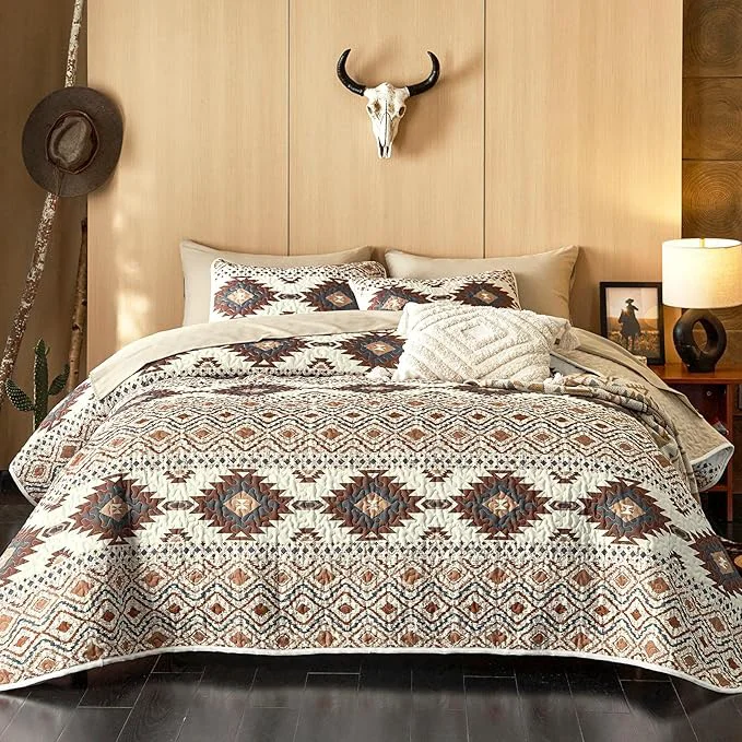 Smart Wake In Cloud - Western Quilt Set Southwestern Aztec Country Style with Rustic Ranch Vibe Reversible Lightweight Bedspread Coverlet 3 Pieces Beige Brown King Size Stylish