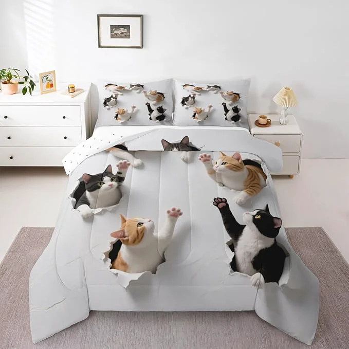 Verified Erosebridal Kawaii Cats Bedding Set Twin Size 3D Kitten Comforter Set for Kids Boys Girls Paw Cute Pet Animal White Yellow Black Comforter Warm Soft Quilt Insert Versatile