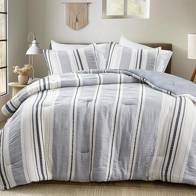 High-End Hyde Lane Modern Farmhouse Comforter Set – King Size 3-Piece Indigo Blue Striped Cotton Comforter with Matching Pillow Shams Luxuriously Soft All-Season Bedding Superior