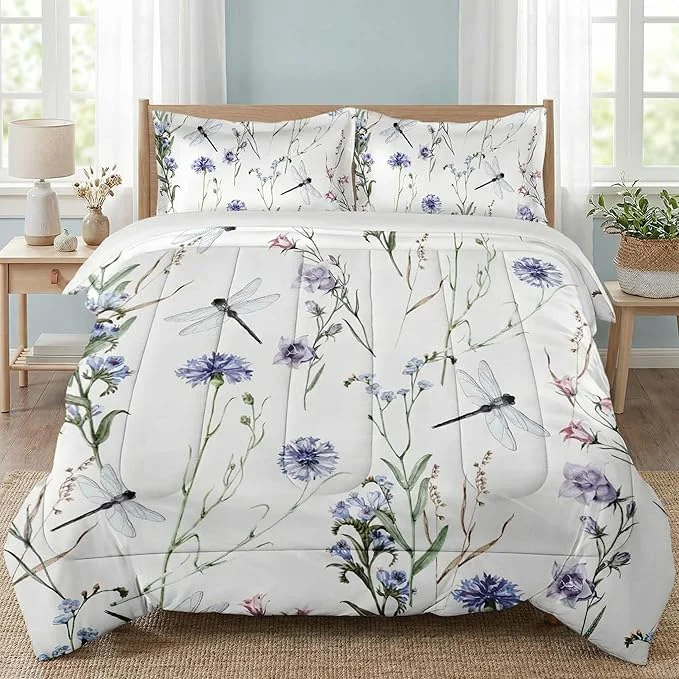 Quality Twin Size Comforter Set with Pillowcase Summer Flower Painting Dragonfly Floral Soft 2 Pcs Bedding for Kids and Adults Bedroom Bed Decor Artisan