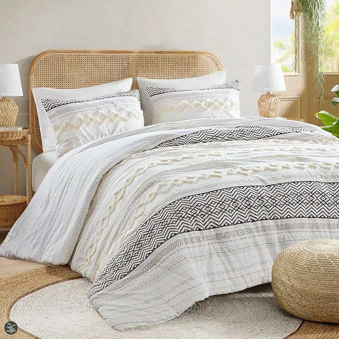 Effective Hyde Lane Farmhouse Bedding Comforter Sets Ivory Full Queen Size Boho Bed Set Cotton Top with Modern Neutral Style Clipped Jacquard Stripes 3-Pieces Including Pillow Shams 90x90 Inches Verified