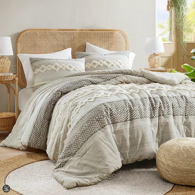 Environmentally Friendly Hyde Lane Boho Gray Comforter Set King Farmhouse Bedding Sets Cotton Top with Modern Neutral Style Clipped Jacquard Stripes 3-Pieces Including Matching Pillow Shams 104x90 Inches Fast
