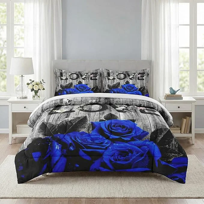 Sophisticated Twin Size Comforter Set with Pillowcase Dark Blue Rose Flower 2 Pcs Bedding for Kids and Adults Summer Vintage Woodboard Soft Comforter Set for Bedroom Bed Decor Smart