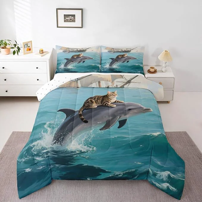 Quality Erosebridal Kawaii Cat Comforter Set Twin Size Dolphin Quilt Insert for Kids Girls Boys Cute Kitten Sea Waves Natural Ocean Blue Yellow Comforter Warm Soft Bedding Set Solid