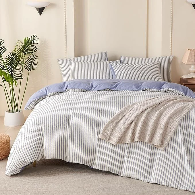 Expertly Made Striped Comforter Queen Blue Soft Luxury Washed Microfiber Jacquard 3 Pieces Bedding White Blue Vertical Ticking Stripes Pattern Comforter with 2 Pillowcases Breathable Durable Comfy Fine