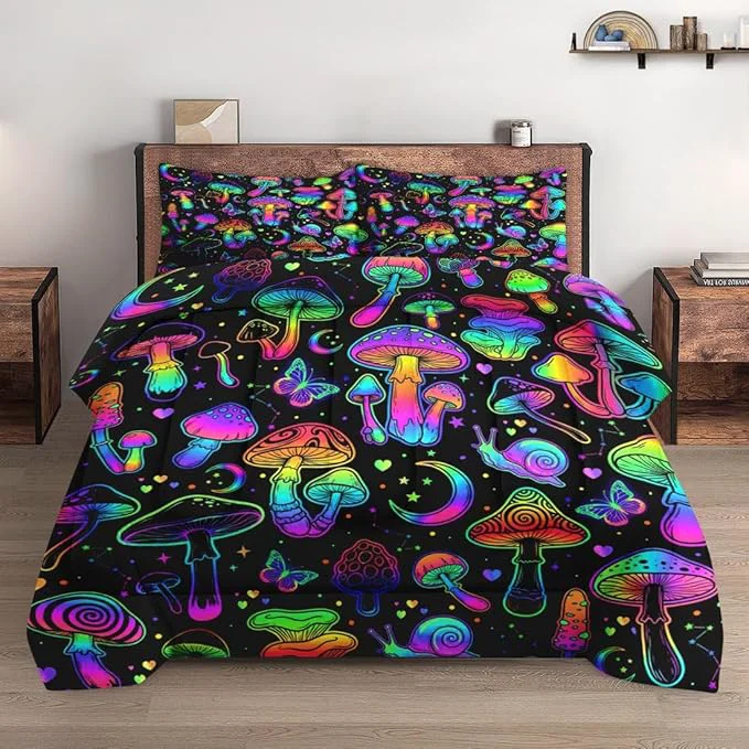User-Friendly Queen Size Comforter Set with 2 Pillowcases Summer Halloween Mushroom Neon Soft 3 Pcs Bedding for Kids and Adults Bedroom Bed Decor Healthy