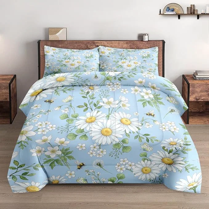 High-End King Size Comforter Set with 2 Pillowcases Wildflower Daisy Flower Floral Soft 3 Pcs Bedding for Kids and Adults Bedroom Bed Decor