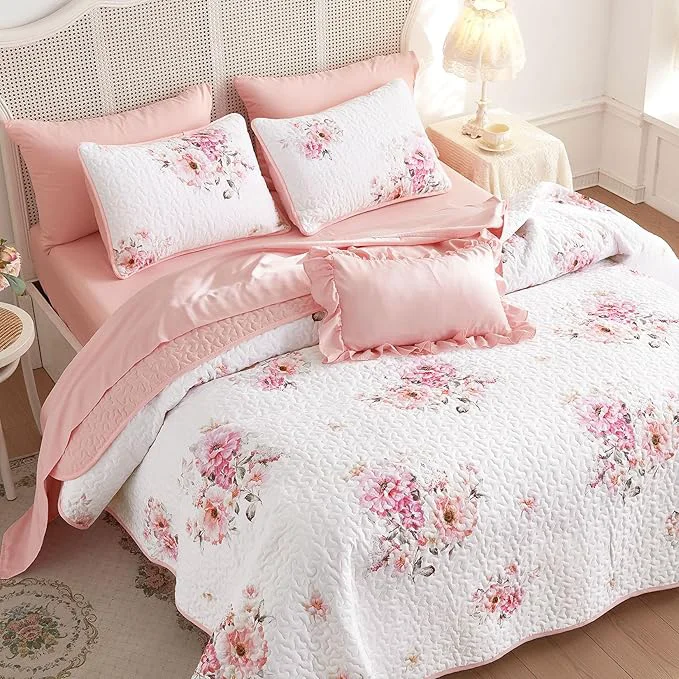Detailed Wake In Cloud - Shabby Chic Quilt Set Floral Coquette Cottagecore Farmhouse Vintage Flowers for Women Teen Girls Reversible Lightweight Bedspread Coverlet 3 Pieces White Pink Queen Full Size Reliable