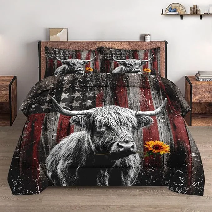 Responsible King Size Comforter Set with 2 Pillowcases Highland Cow Animal 3 Pcs Bedding for Kids and Adults Farm American Flag Soft Comforter Set for Bedroom Bed Decor Practical