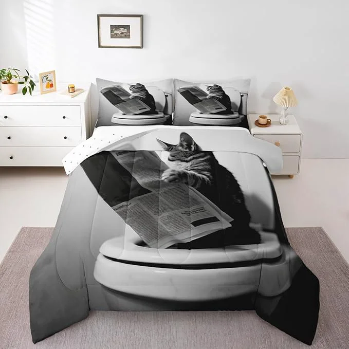 Crafted Erosebridal Cat Quilt Insert Toddler Size Kawaii Kitten Bedding Set for Kids Boys Girls Newspaper Reading Cute 3D Black Grey White Comforter Warm Soft Comforter Set Flexible