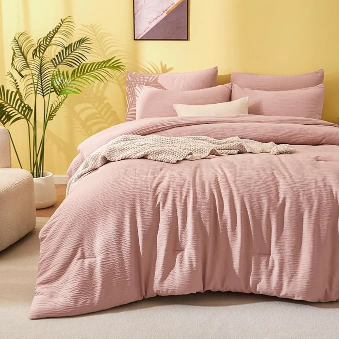 Proven King Size Comforter Set Dusty Rose - Double-Layer Crinkle Gauze Bed Set 3 Pieces Soft Bedding Set for All-Season Lightweight Warmth with 2 Pillowcases Casual