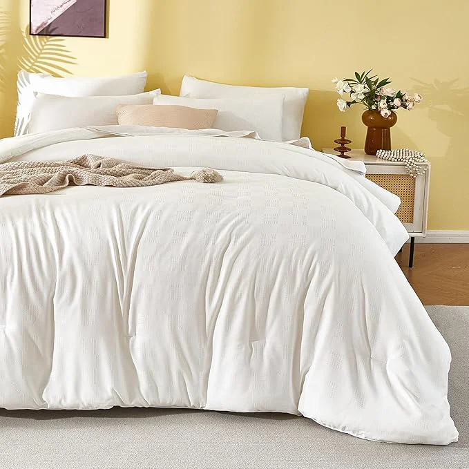 Practical Plaid Queen Comforter Set White - Waffle Checkered Soft Shabby Chic Bedding All-Season Lightweight Breathable with 2 Pillowcases Flexible