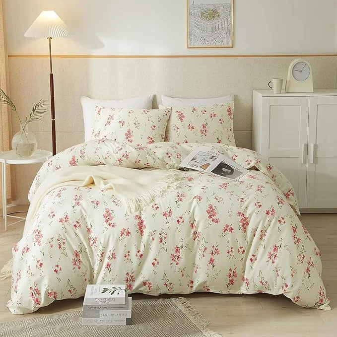 Long-Lasting HighBuy Boho Comforter Set Queen Size Beige 3 Pieces Pink Floral Lightweight Comforters Queen Size for Woman Girl Soft Jacquard Queen Comforter for All Seasons Elite