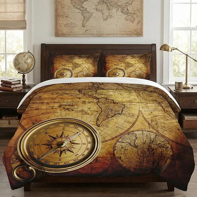 Eco-Friendly King Size Comforter Set with 2 Pillowcases Vintage Retro World Map Soft 3 Pcs Bedding for Kids and Adults Bedroom Bed Decor Versatile