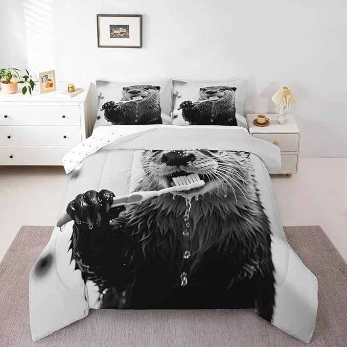 Unique Erosebridal Sea Otter Bedding Set Twin Size Cute Animal Comforter Set for Kids Boys Girls Kawaii Marine Brush Teeth White Beige Grey Comforter Warm Soft Quilt Insert Fine Crafted