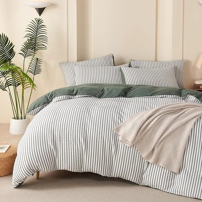 Traditional Comforter Set King Size Green Soft Luxury Washed Microfiber Jacquard 3 Pieces Bedding Set White Green Vertical Ticking Stripes Pattern Comforter with 2 Pillowcases Breathable Durable Comfy Solid