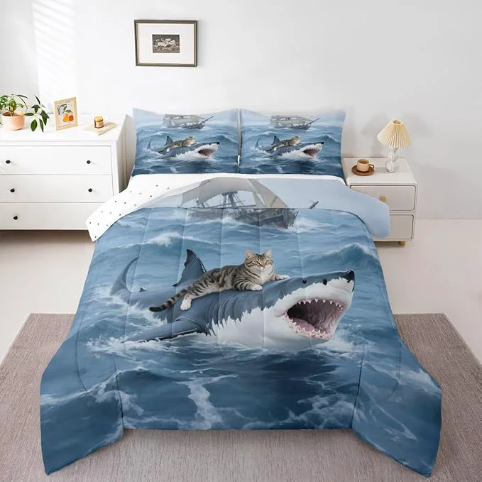 Convenient Erosebridal Kitten Comforter Set Twin Size Shark Bedding Set for Kids Girls Boys Safari Sea Waves Nautical Ocean Ship Blue White Comforter Warm Soft Quilt Insert Traditional