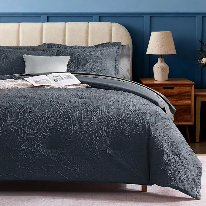 Genuine Geniospin Queen Comforter Set - 7 Pieces Blue Gray Textured Queen Bedding Sets with Comforter Sheets Pillowcases amp Shams All Season Blue Gray Bedding Traditional