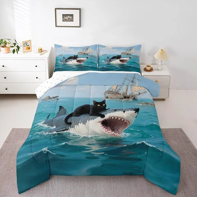 Smooth Erosebridal Black Cat Quilt Insert Toddler Size Shark Bedding Set for Kids Girls Boys Safari Kitten Sea Waves Marine Nautical Blue Comforter Warm Soft Comforter Set Clean