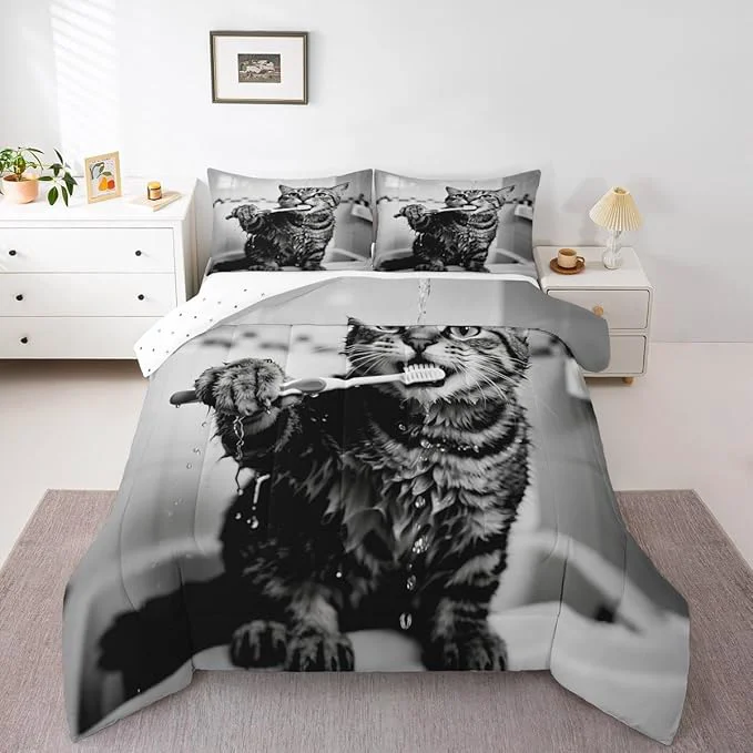 Eco-Friendly Erosebridal Kitten Bedding Set Toddler Size Cute 3D Comforter Set for Kids Boys Girls Toothbrush Kawaii Animal White Black Comforter Warm Soft Quilt Insert Exceptional