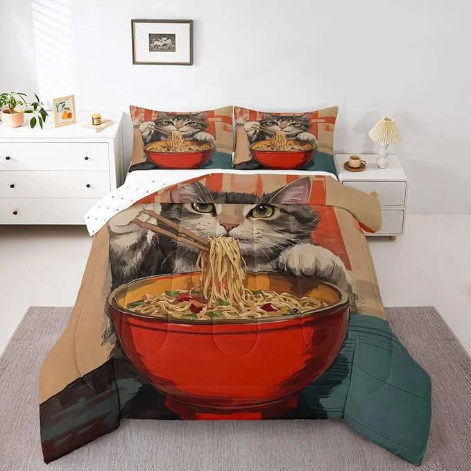 Smart Erosebridal Cat Quilt Insert Queen Size Noodles Bedding Set for Kids Boys Girls Bowl Food Kawaii Cute Kitten Red Grey Comforter Warm Soft Comforter Set First-Class