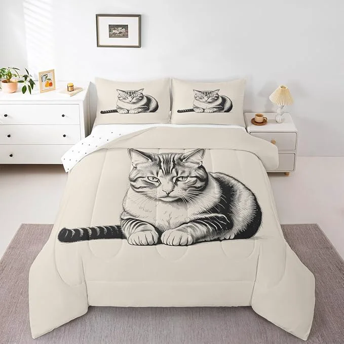 Contemporary Erosebridal Kitten Bedding Set Queen Size Sketch Cat Comforter Set for Kids Boys Girls 3D Kawaii Pet Animal Cute Beige Grey Comforter Warm Soft Quilt Insert Flexible