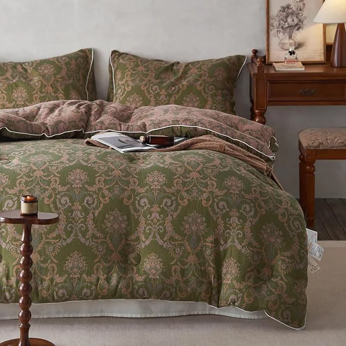 Practical HighBuy Full Comforter Set Olive Green Paisley Floral Comforters Full Size Luxury Soft Muslin Cotton for All Seasons Floral Bedding Set with Comforters 2 Pillowcases Breathable Reusable