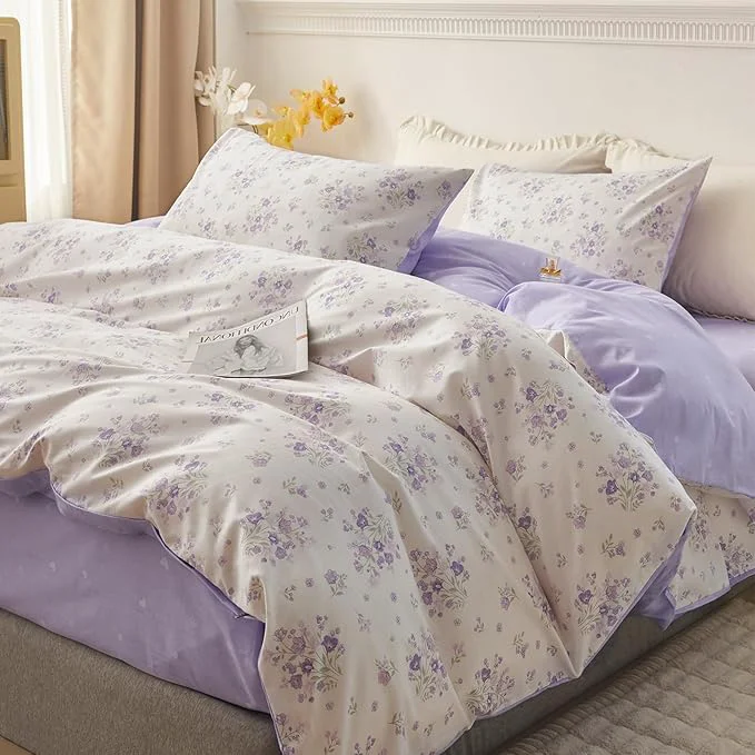 Safe HighBuy King Comforter Set Purple Floral Printed Bedding Comforter Set Boho Vintage Floral Comforter Sets Cottagecore for Women Girl Comfy Soft King Comforter with 2 Pillowcases Cooling Fluffy Verified