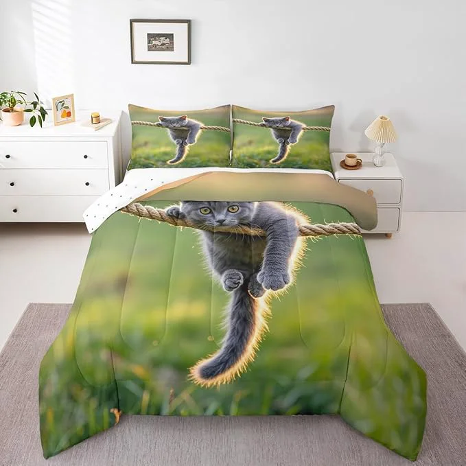 World-Class Erosebridal Kawaii Kitten Comforter Set King Size Hemp Rope Bedding Set for Kids Girls Boys Grass Natural Sunshine Yellow Green Comforter Warm Soft Quilt Insert Superior