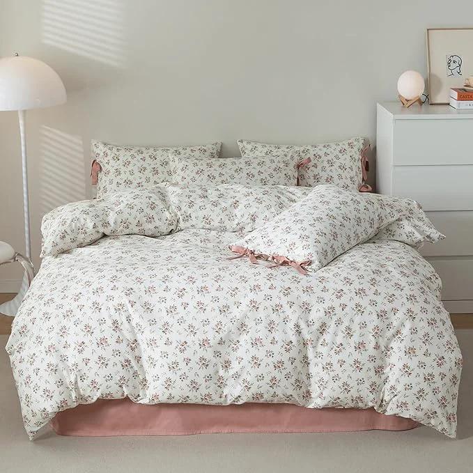 Enhanced HighBuy Bohemian King Bed Comforter Set Pink Floral Bedding Sets 3 Piece with 2 Bowknot Bow Tie Pillowcases Flowers French Country Style King Comforter Set Soft Lightweight High-Quality