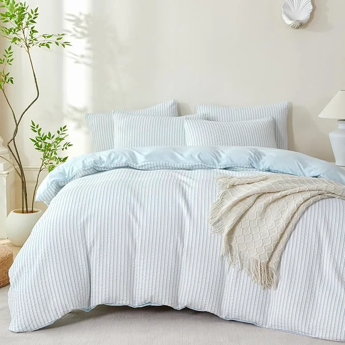 High-End Comforter King Set Light Blue Striped Soft Luxury Washed Microfiber Jacquard 3 Pieces Bedding Light Blue Vertical Ticking Stripes Pattern Comforter with 2 Pillowcases Breathable Durable Comfy Selected