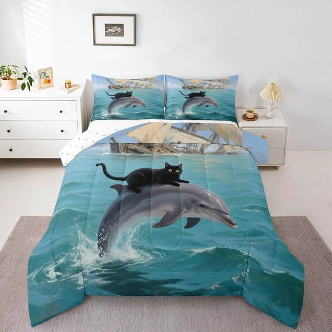 Excellent Erosebridal Black Kitten Bedding Set Twin Size Dolphin Comforter Set for Kids Girls Boys Marine Waves Kawaii Cat Sea Ship Blue White Comforter Warm Soft Quilt Insert Genuine