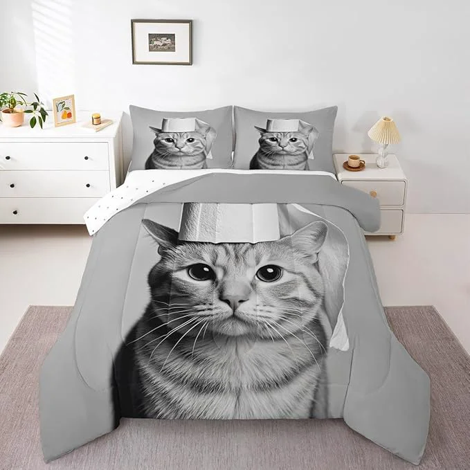 Recyclable Erosebridal Kitten Bedding Set Twin Size Cat Comforter Set for Kids Boys Girls 3D Kawaii Cute Hat Bowl Black Grey Comforter Warm Soft Quilt Insert Practical