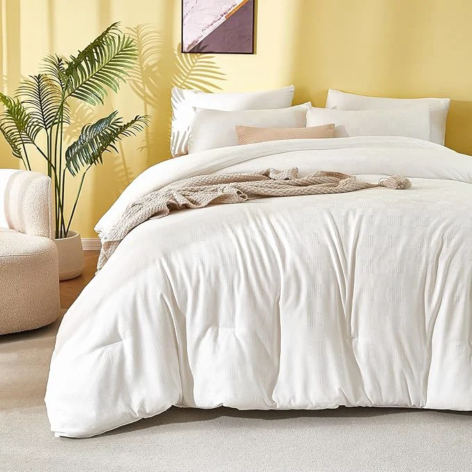 Luxury King Comforter Set - White Waffle Checkered Bedding All-Season Lightweight Breathable Textured Thermal-Regulating Design Pillowcases Combo for Year-Round Comfort Sophisticated