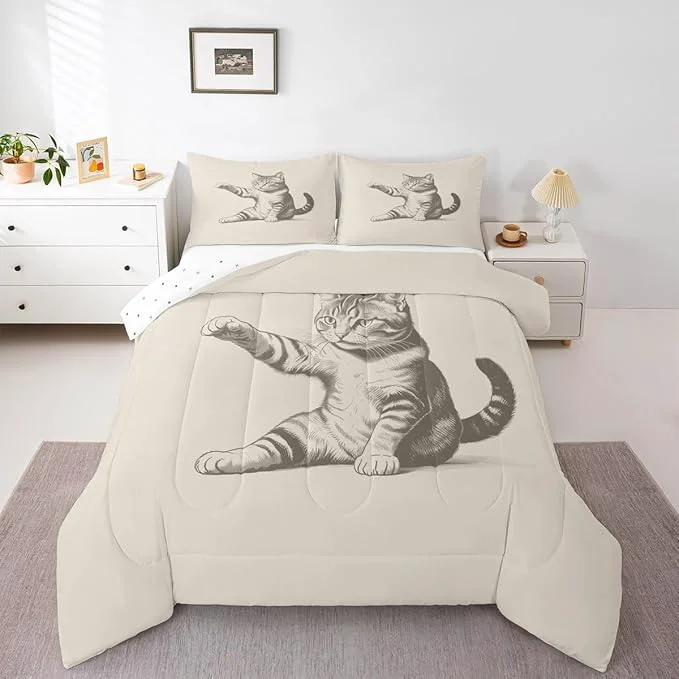 Original Erosebridal Cat Comforter Set Queen Size Sketch Animal Bedding Set for Kids Boys Girls Kawaii Kitten 3D Cute Beige Black Comforter Warm Soft Quilt Insert Expertly Made