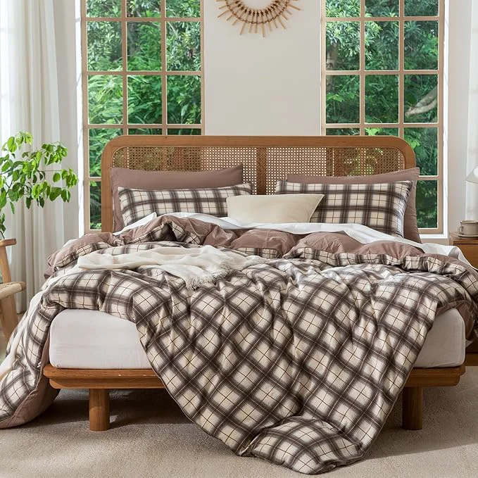 Organic Comforter Set King Plaid 3 Pieces Soft Crinkle Gauze Fabric Plaid Bedding Vintage Style Checkered Gingham Comforter Set for All Seasons Luxury Warmth Comfy Breathable with 2 Pillowcases Premium Material