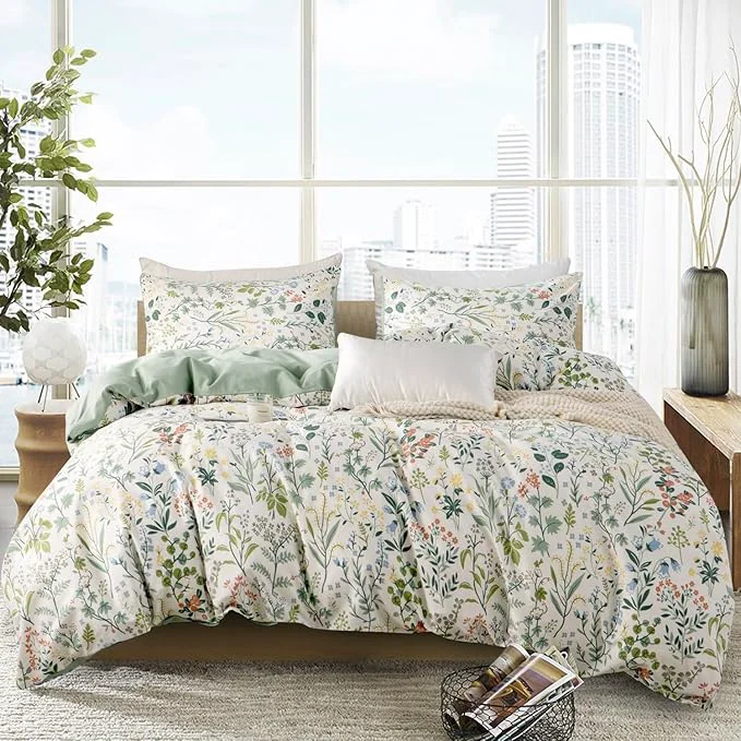 Minimalist Floral Comforter Set Full Soft Bedding Comforter Set 3 Pieces Garden Style Green Red Flower Print Botanical Flowers Comforter Set for All Seasons 1 Comforter and 2 Pillowcases Floral Full High-Grade