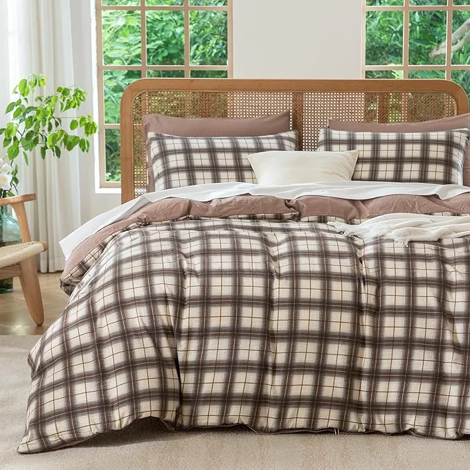 Efficient Queen Comforter Set Plaid 3 Pieces Soft Crinkle Gauze Fabric Plaid Bedding Vintage Style Checkered Gingham Comforter Set for All Seasons Luxury Warmth Comfy Breathable with 2 Pillowcases Superior