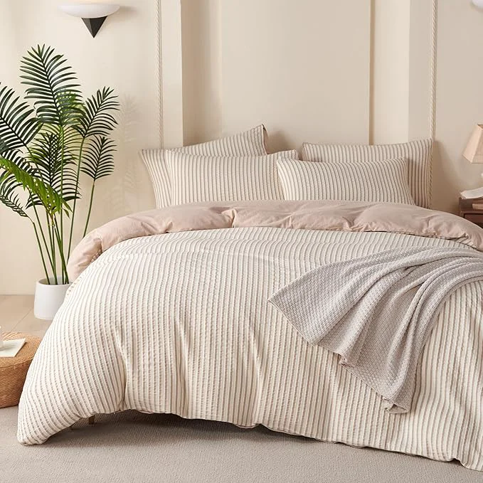 Fashionable Comforter King Set Beige Striped Soft Luxury Washed Microfiber Jacquard 3 Pieces Bedding White Beige Vertical Ticking Stripes Pattern Comforter with 2 Pillowcases Breathable Durable Comfy Flexible